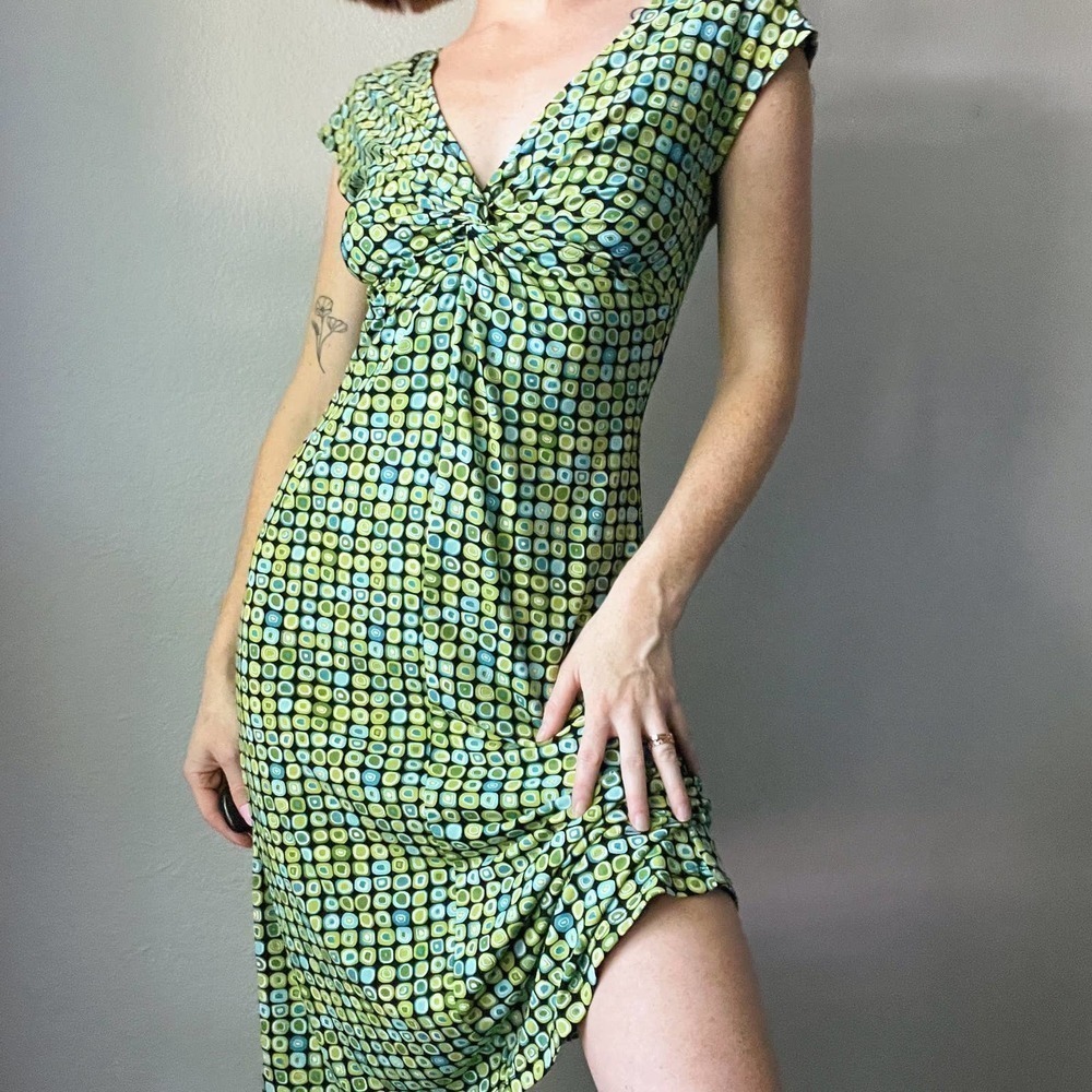 Vintage Y2K Green Abstract Funky Printed Casual Knee Length Dress